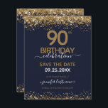 90th Birthday Save the Date Budget Invitation<br><div class="desc">Elegant Faux gold glitter with shimmering confetti highlights on the top and bottom border. All text is adjustable and easy to change for your own party needs. Great elegant 90th birthday template design.</div>