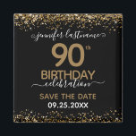 90th Birthday Save the Date Magnet<br><div class="desc">Elegant Faux gold glitter with shimmering confetti highlights on the top and bottom border. All text is adjustable and easy to change for your own party needs. Great elegant 90th birthday template design. Save the date magnet reminder.</div>