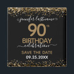 90th Birthday Save the Date Magnet<br><div class="desc">Elegant Faux gold glitter with shimmering confetti highlights on the top and bottom border. All text is adjustable and easy to change for your own party needs. Great elegant 90th birthday template design. Save the date magnet reminder.</div>