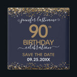 90th Birthday Save the Date Magnet<br><div class="desc">Elegant Faux gold glitter with shimmering confetti highlights on the top and bottom border. All text is adjustable and easy to change for your own party needs. Great elegant 90th birthday template design. Save the date magnet reminder.</div>
