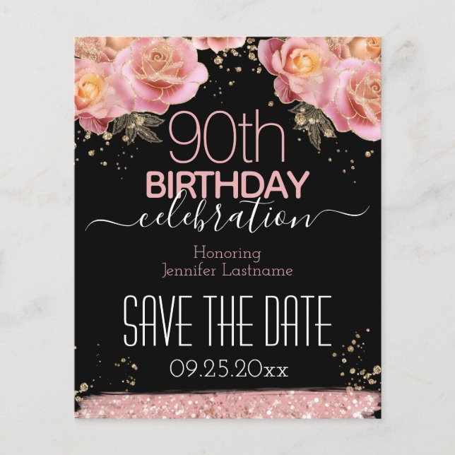 90th Birthday Save the Date Pink Floral Budget (Front)