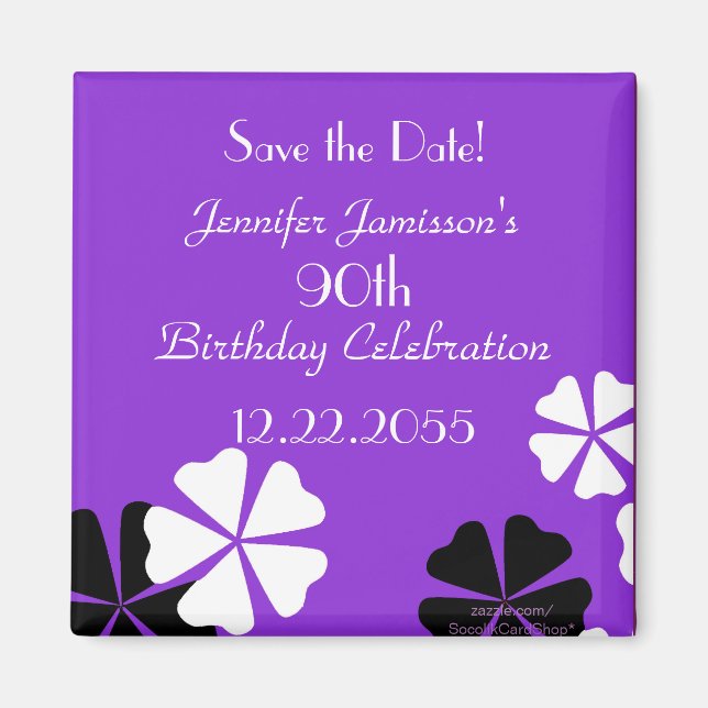 90th Birthday Save the Date Purple Floral Magnet (Front)