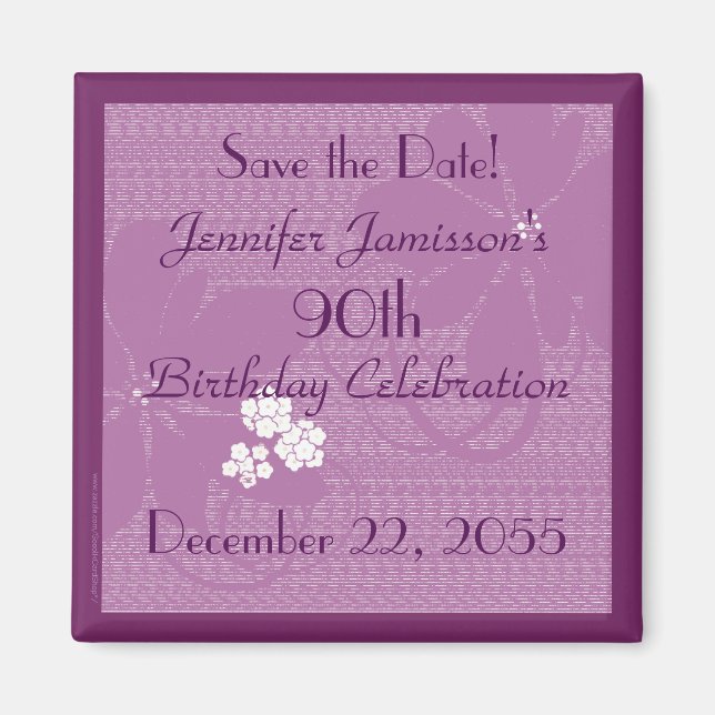 90th Birthday Save the Date Purple / White Magnet (Front)