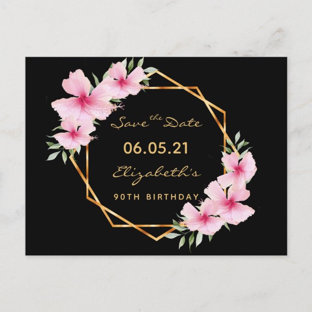 90th birthday Save the Date tropical black gold Postcard (Front)