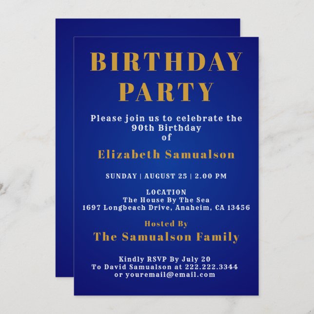 90th Birthday Setting Standards Blue Birthday Invitation (Front/Back)