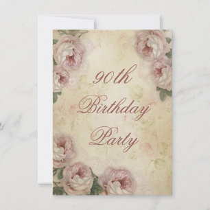 90th Birthday Shabby Chic Roses and Lace Invitation