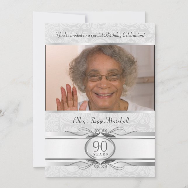 90th Birthday - Silver Damask Photo Invitation (Front)