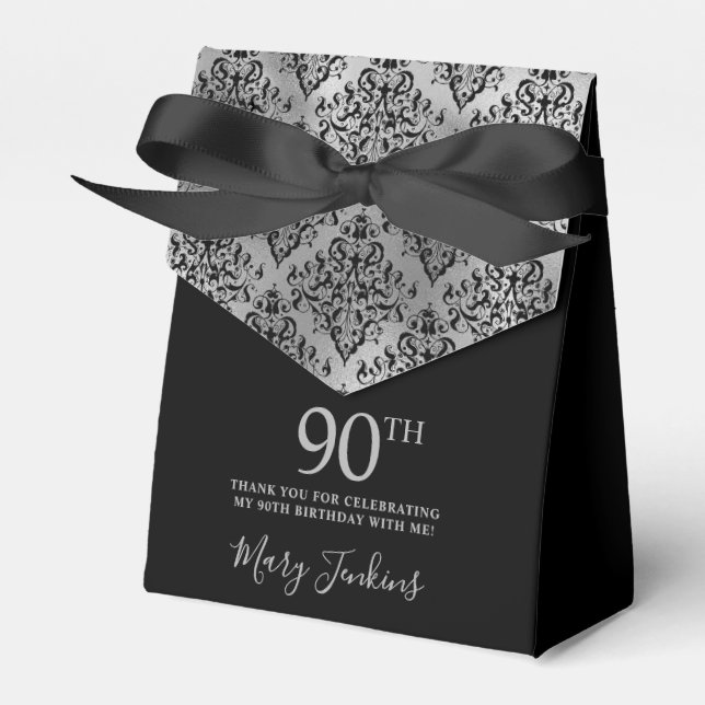 90th Birthday Silver Damask Thank You Favour Box (Front Side)