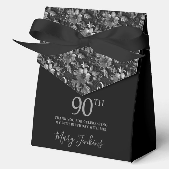 90th Birthday Silver Floral Thank You  Favour Box (Front)