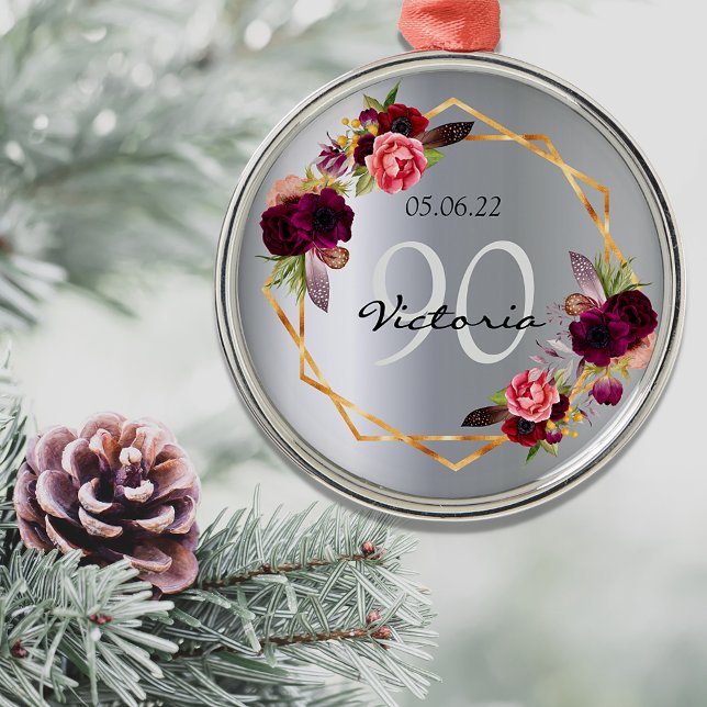 90th birthday silver geometric floral burgundy metal ornament (Creator Uploaded)