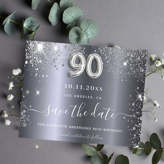 90th birthday silver glitter budget save the date flyer (Creator Uploaded)