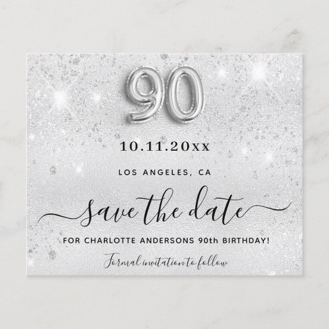 90th birthday silver glitter budget save the date flyer (Front)