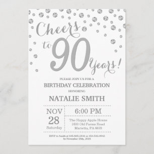 90th Birthday Silver Glitter Diamond Invitation