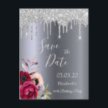 90th birthday silver glitter drips Save the Date Postcard<br><div class="desc">A Save the Date for a 90th birthday party. A dark faux silver metallic looking background. Decorated with dark purple and burgundy and rose pink flowers, faux silver glitter dripping, paint drip look. Templates for a name and a date. The text: Save the Date is written with a large modern...</div>