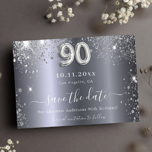 90th birthday silver glitter glam save the date