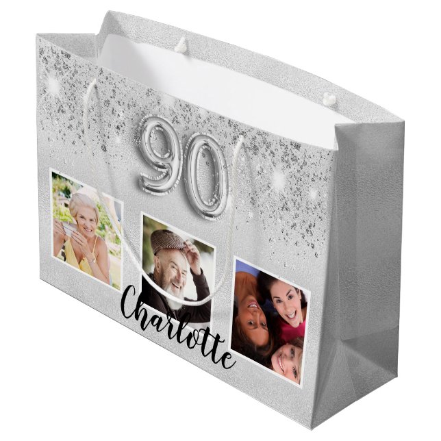 90th birthday silver glitter photo name large gift bag (Back Angled)