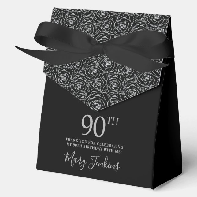90th Birthday Silver Glitter Roses Thank You  Favour Box (Front)