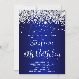 90th Birthday Silver Glitter Royal Blue Navy Ombre Invitation