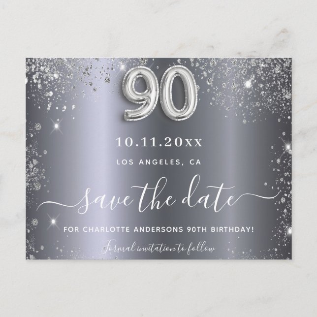 90th birthday silver glitter save the date postcard (Front)