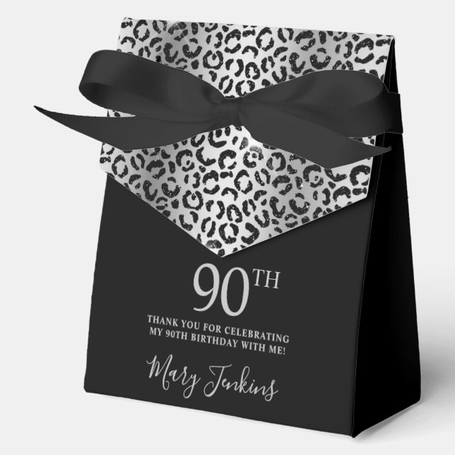 90th Birthday Silver Leopard Print Thank You  Favour Box (Front)