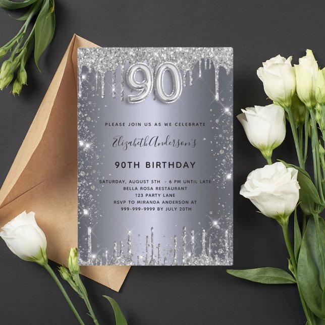 90th birthday silver metal glitter dust glam invitation (Creator Uploaded)