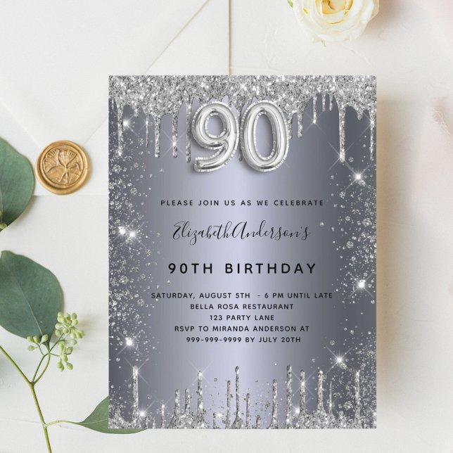 90th birthday silver metal glitter dust glam invitation postcard (Creator Uploaded)