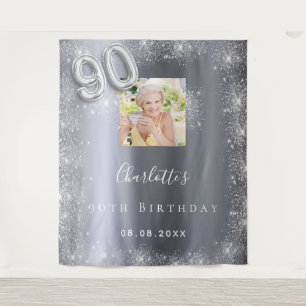 90th birthday silver photo glitter welcome tapestry