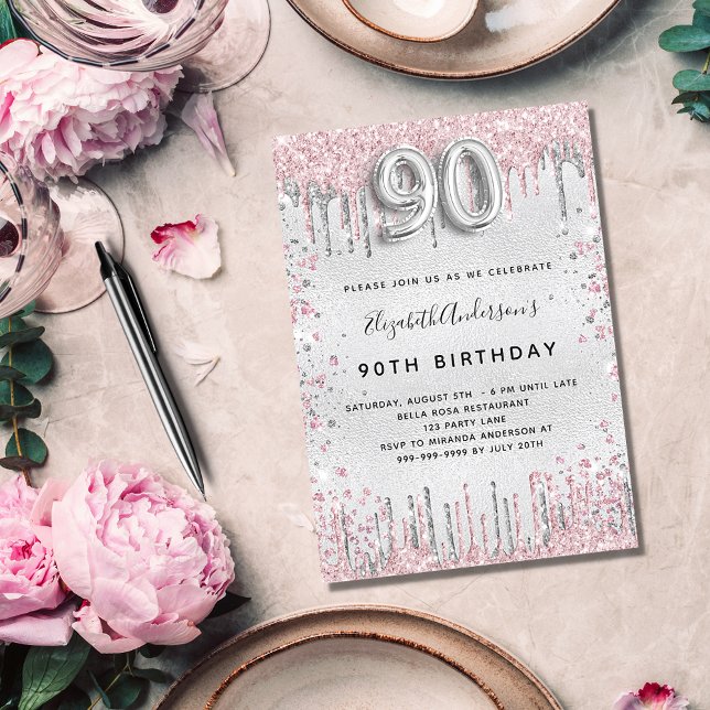 90th birthday silver pink glitter dust invitation (Creator Uploaded)
