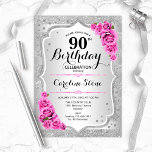 90th Birthday - Silver Stripes Pink Roses Invitation<br><div class="desc">90th Birthday Invitation. Elegant design in silver and pink. Features faux glitter silver stripes,  pink roses stylish script font and confetti. Perfect for a glam birthday party.</div>