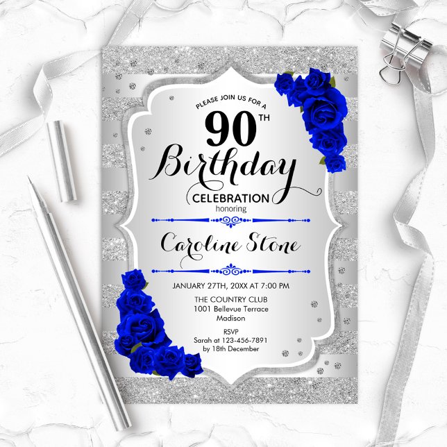 90th Birthday - Silver Stripes Royal Blue Roses Invitation (Creator Uploaded)