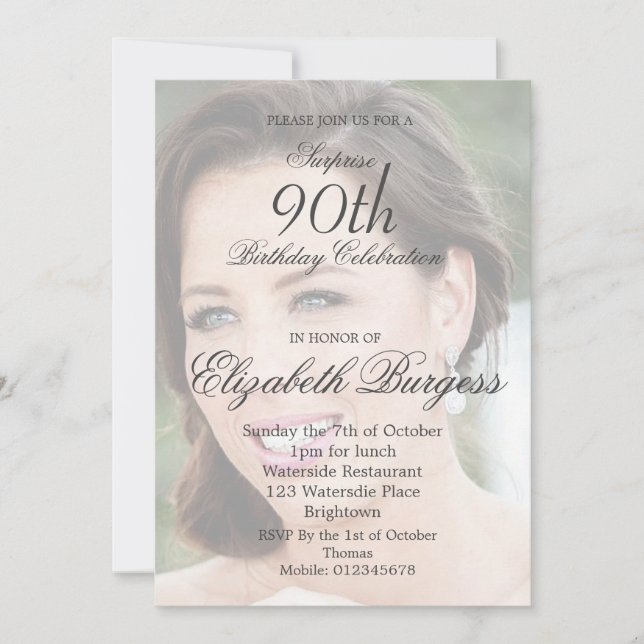 90th Birthday Simple Elegant Photo Invitation (Front)
