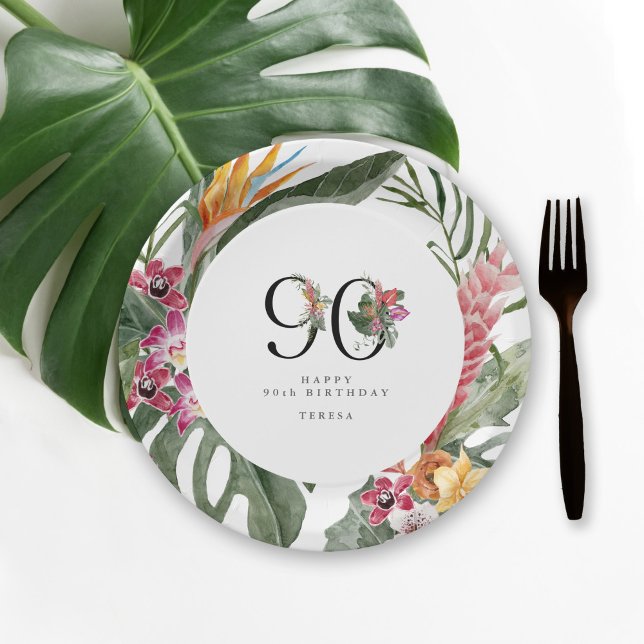 90th Birthday Simple Elegant Tropical Invitation Paper Plate (Creator Uploaded)