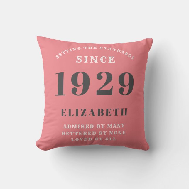90th Birthday Standards Born 1929 Grey Pink White Cushion (Front)