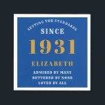 90th Birthday Standards Born 1931 Blue Gold Napkin<br><div class="desc">Easily customise the text of this birthday napkin using the template provided. Part of the setting standards range of cards and gifts..</div>