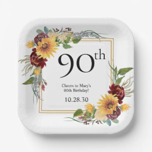 90th Birthday Sunflowers Paper Plate