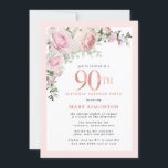 90th Birthday Surprise Party Blush Pink Floral  Invitation<br><div class="desc">Honour a special woman with this elegant and feminine 90th Birthday surprise party invitation. 90th is written in large pink text. birthday surprise party follows. The honoured guest's name is also in pink capital letters. Blush pink roses and sage green leaves create a beautiful floral spray at the top. While...</div>