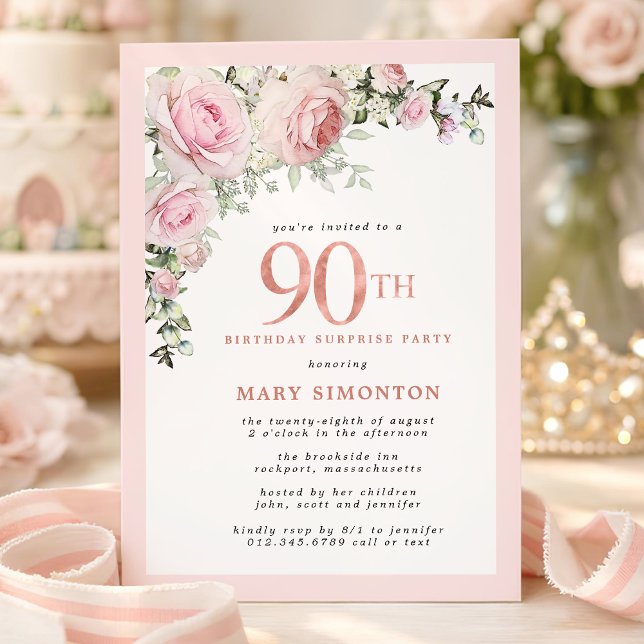 90th Birthday Surprise Party Blush Pink Floral  Invitation (Creator Uploaded)