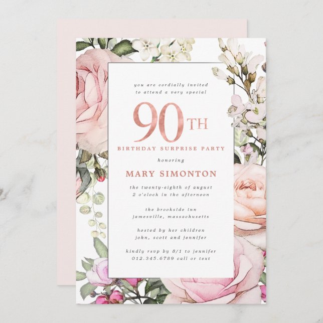 90th Birthday Surprise Party Blush Pink Floral Invitation (Front/Back)