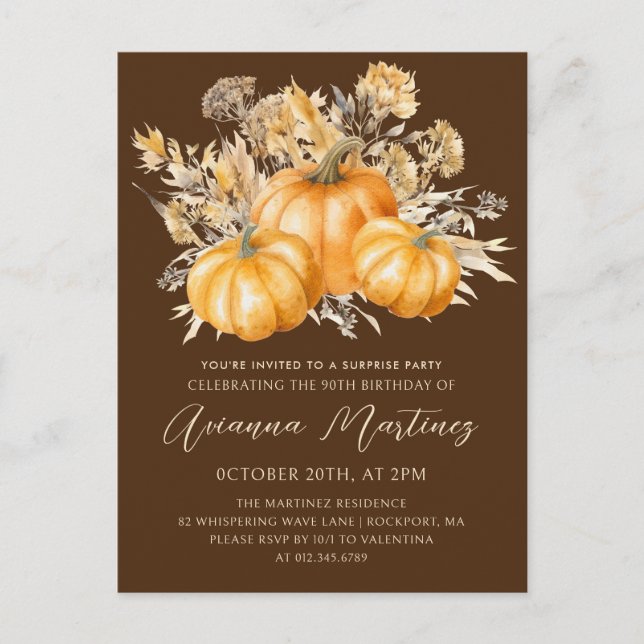 90th Birthday Surprise Party Rustic Boho Pumpkin Invitation Postcard (Front)