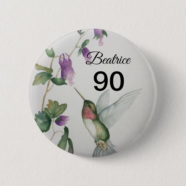 90th Birthday Sweet Bird Garden Flowers Button (Front)