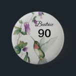90th Birthday Sweet Bird Garden Flowers Button<br><div class="desc">Celebrate a wonderful 90th birthday for a special woman with a sweet hummingbird button. Created from my watercolor painting,  the pretty garden has pastel colors of cream,  pink and green. Perfect for a woman who loves birds and flowers!</div>