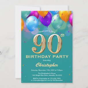 90th Birthday Teal and Gold Colourful Balloons Invitation