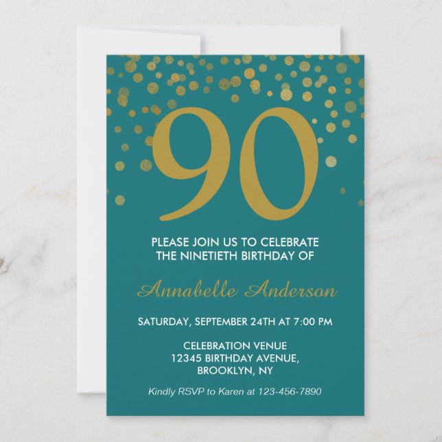 90th Birthday Teal Gold Sparkle Confetti Elegant Invitation (Front)