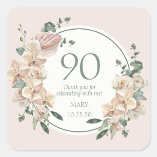 90th Birthday Tropical Floral Thank You Square Sticker