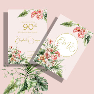 90TH Birthday Tropical Watercolor Pink Elegant  Invitation