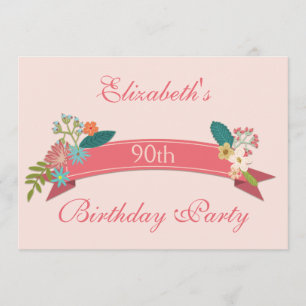 90th Birthday Vintage Flowers Pink Banner Invitation