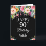 90th Birthday Watercolor Floral Flowers Black Card<br><div class="desc">90th Birthday Watercolor Floral Flowers Black Card with personalised name and age. For further customisation,  please click the "Customise it" button and use our design tool to modify this template.</div>