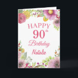 90th Birthday Watercolor Floral Flowers Pink Card<br><div class="desc">90th Birthday Watercolor Floral Flowers Pink Card with personalized name and age. For further customization,  please click the "Customize it" button and use our design tool to modify this template.</div>