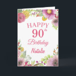 90th Birthday Watercolor Floral Flowers Pink Card<br><div class="desc">90th Birthday Watercolor Floral Flowers Pink Card with personalized name and age. For further customization,  please click the "Customize it" button and use our design tool to modify this template.</div>