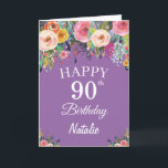 90th Birthday Watercolor Floral Flowers Purple Card<br><div class="desc">90th Birthday Watercolor Floral Flowers Purple Card with personalised name and age. For further customisation,  please click the "Customise it" button and use our design tool to modify this template.</div>